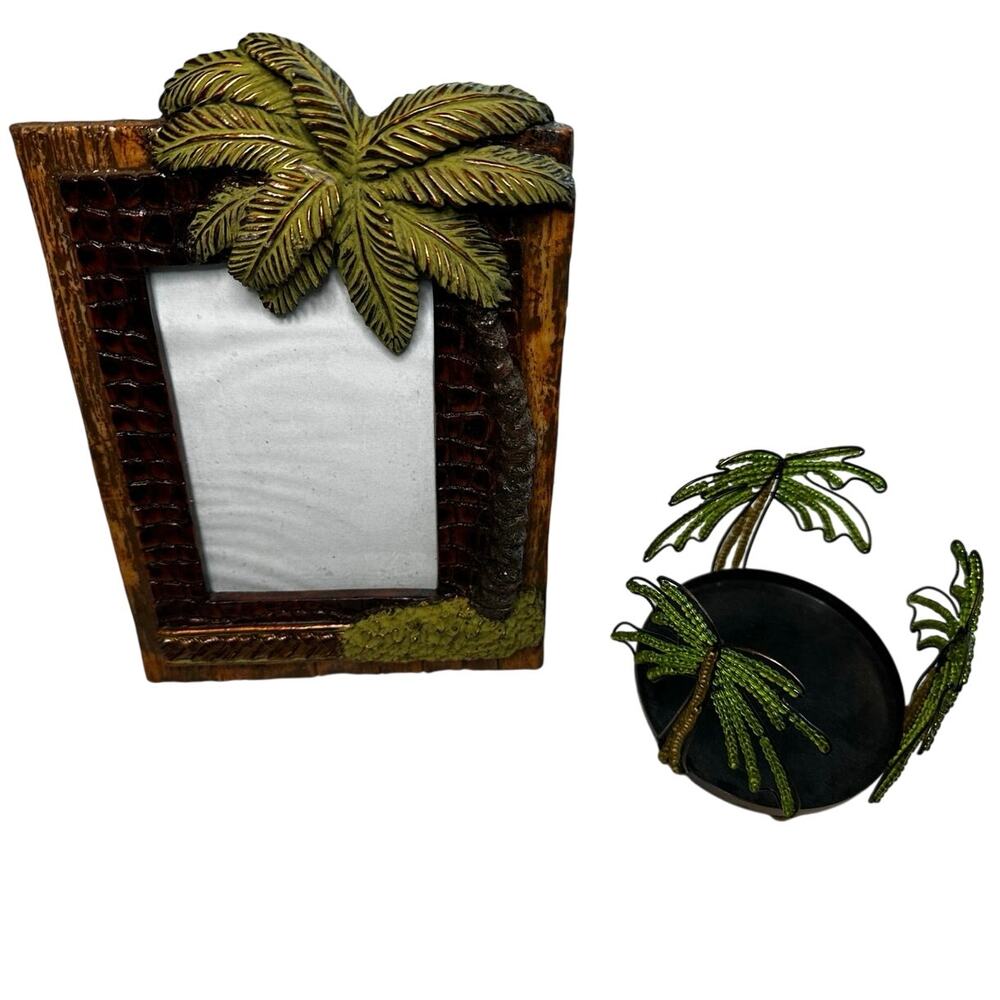 Palm Tree Photo Frame And Palm Tree Candle Holder Set Bundle, Picture Frame
